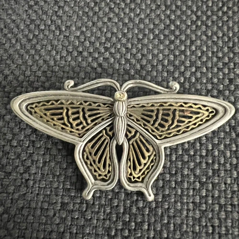 Vtg JJ Jonette Mixed Metal Butterfly Brooch Silver Gold Tone 2.75
